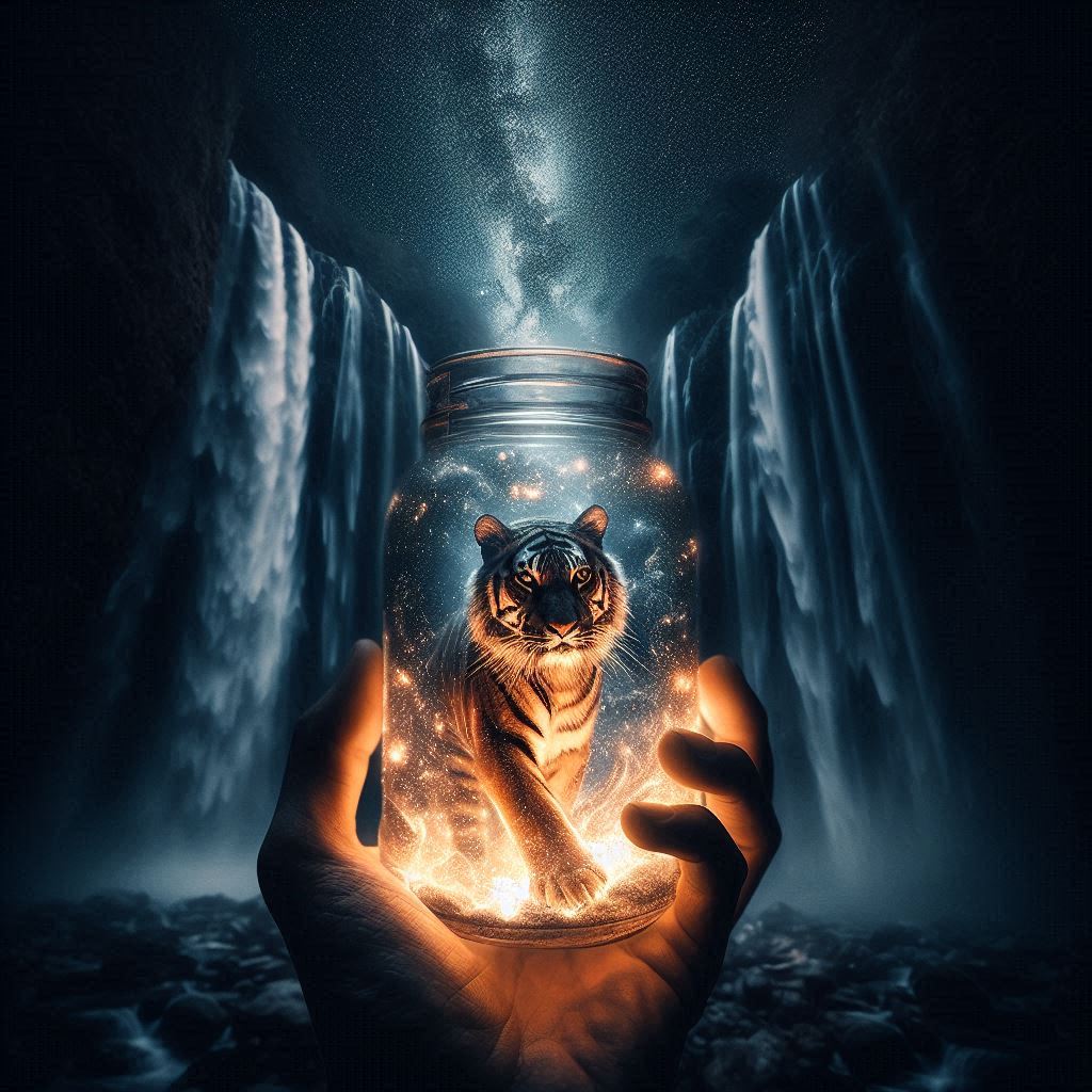 אבוד במעמקי תצלום בחשיפה ארוכה, נמר וגור נמר שוחים במפל מרהיב, בתוך כוס שקופה קטנה זוהרים ועש...jpeg