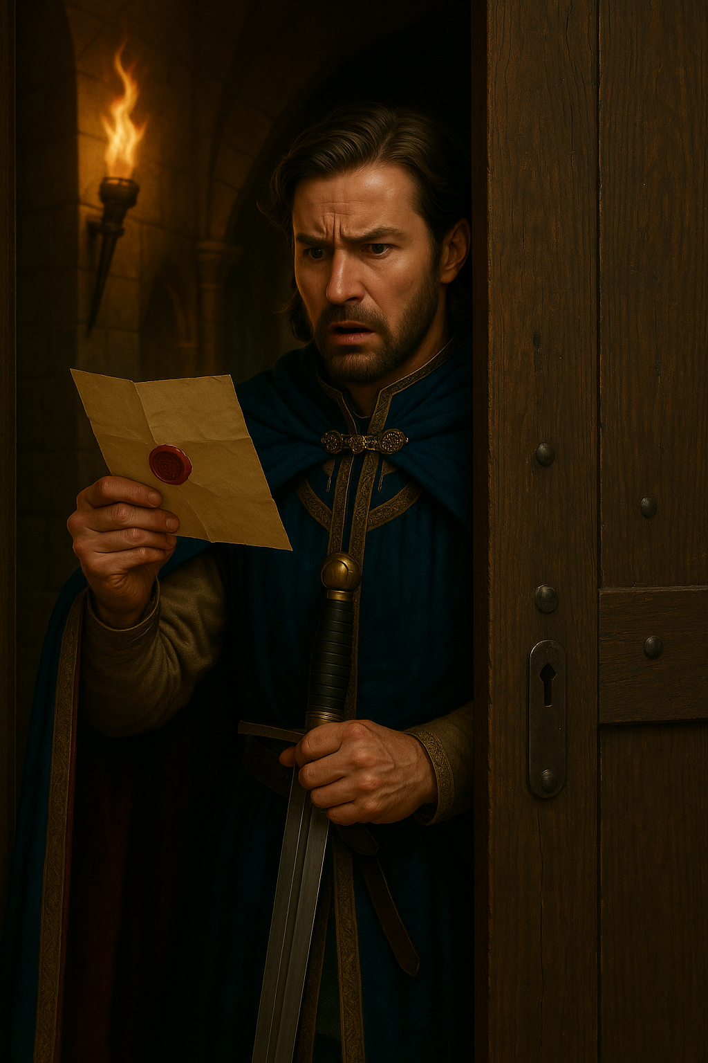 אביר דואג מול דלת עץ ישנה.png