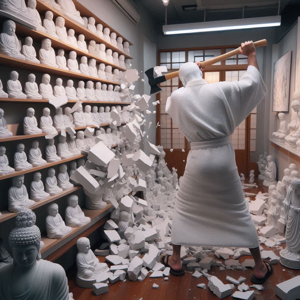 אדם לובש גלימה לבנה שובר פסלי אבן קטנים לבנים בתוך חנות לתצוגה עם גרזן, כפי שנראה מגבו.__.jpeg