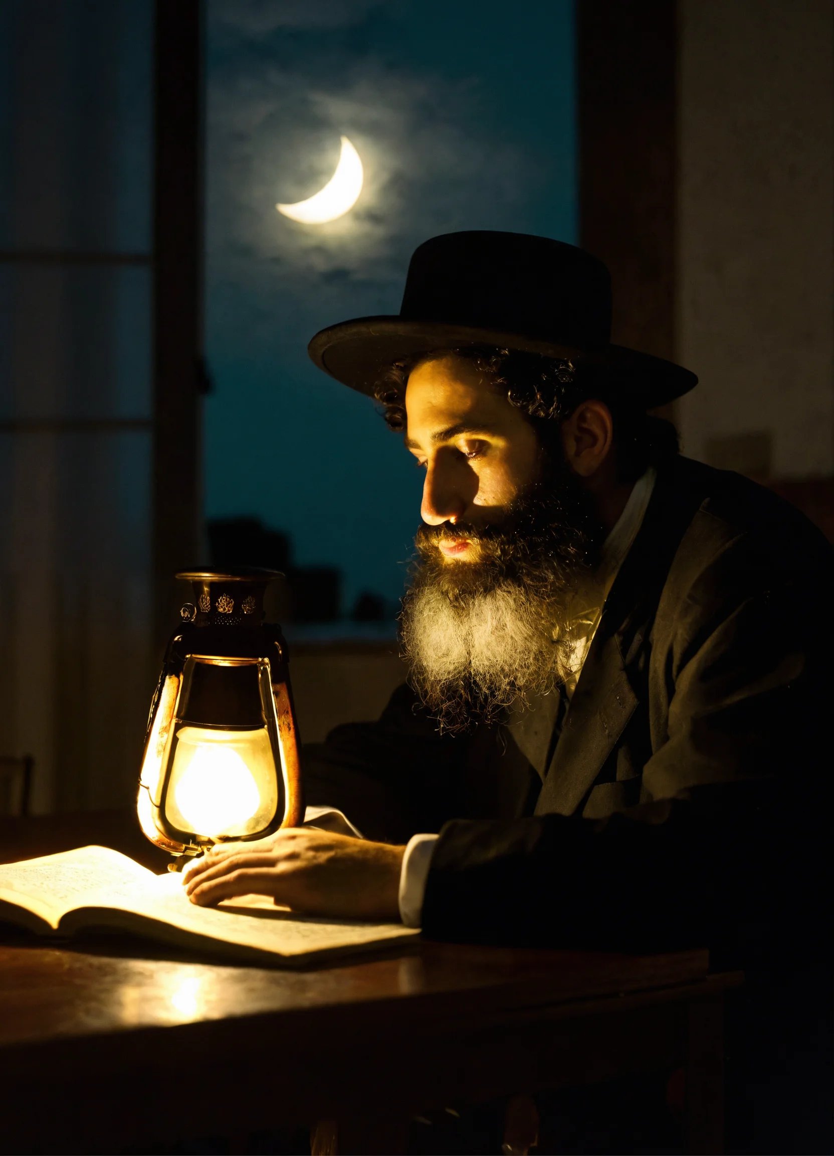 איד חרדי עם זקן ופיאות יושב ליד שולחן ולומד לאור י.jpg