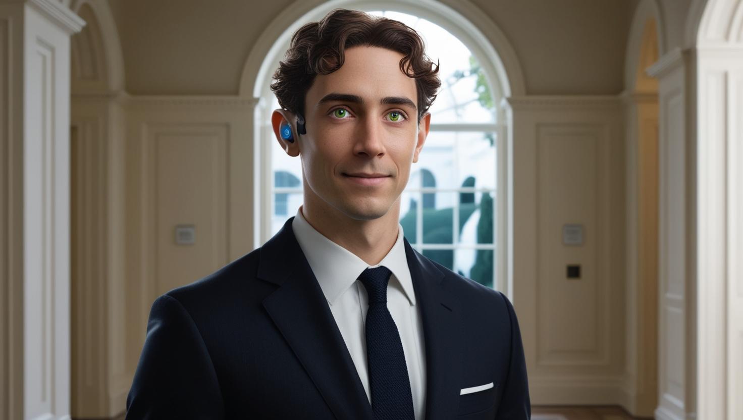 אייל גילבוע גבר עדין ואתלטי עם שער חום מעט מתולתל ועיניים ירוקותוהוא בתוך הבית הלבן עם אוזניית...jpg