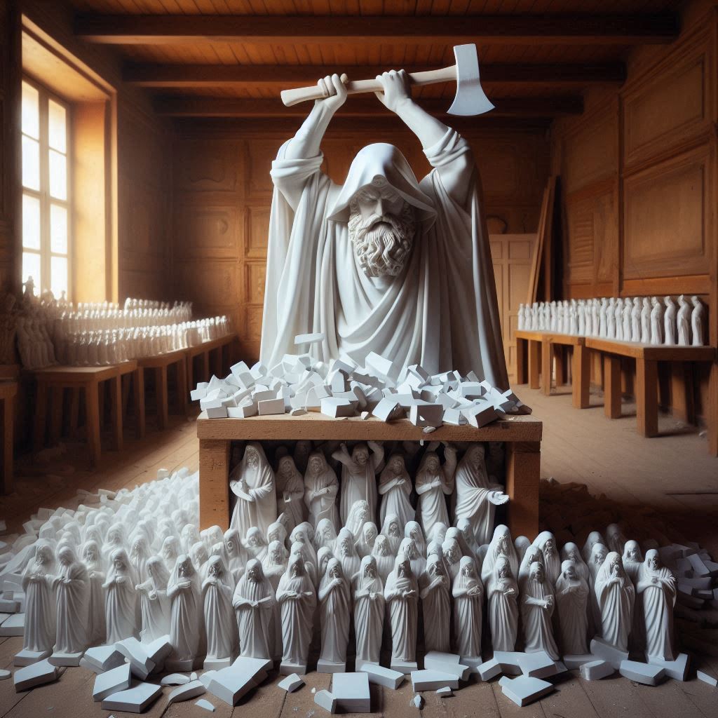 איש תנכי עם גלימה לבנה על ראשו שובר פיסלוני אבן קטנים לבנים הנמצאים בתוך מבנה לתצוגה על ידי ג...jpeg