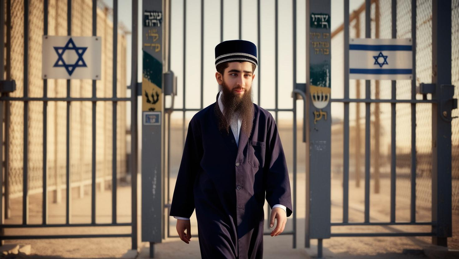 אסיר בחור חרדי חסידי יוצא מבית כלא עם סמלים של צבא ישראל (1).jpg