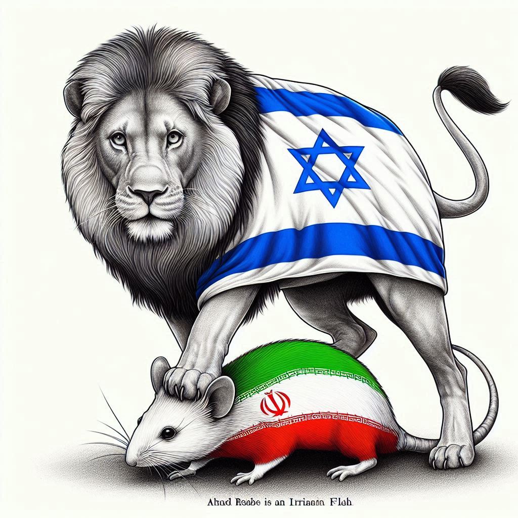 אריה עטוף בדגל ישראל דורך על עכבר שעטוף בדגל איראן ושהדף יהיה צבעוני.jpeg
