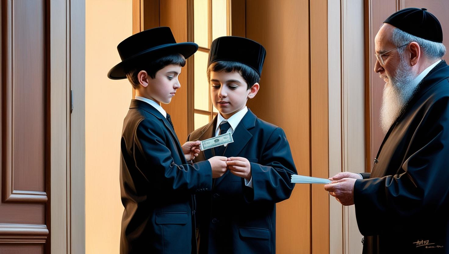 בחור ישיבה עם כובע וחליפה עומד בפתח דלת ומקבל שטר כסף מאדם בלבוש דתי__20250222_201400_0000.jpg