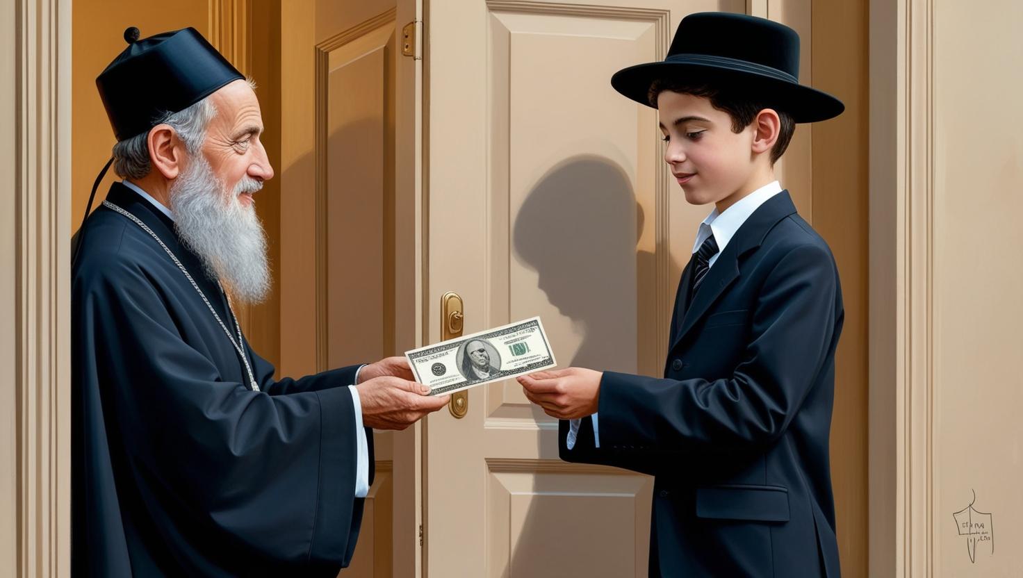 בחור ישיבה עם כובע וחליפה עומד בפתח דלת ומקבל שטר כסף מאדם בלבוש דתי__20250222_201502_0000.jpg