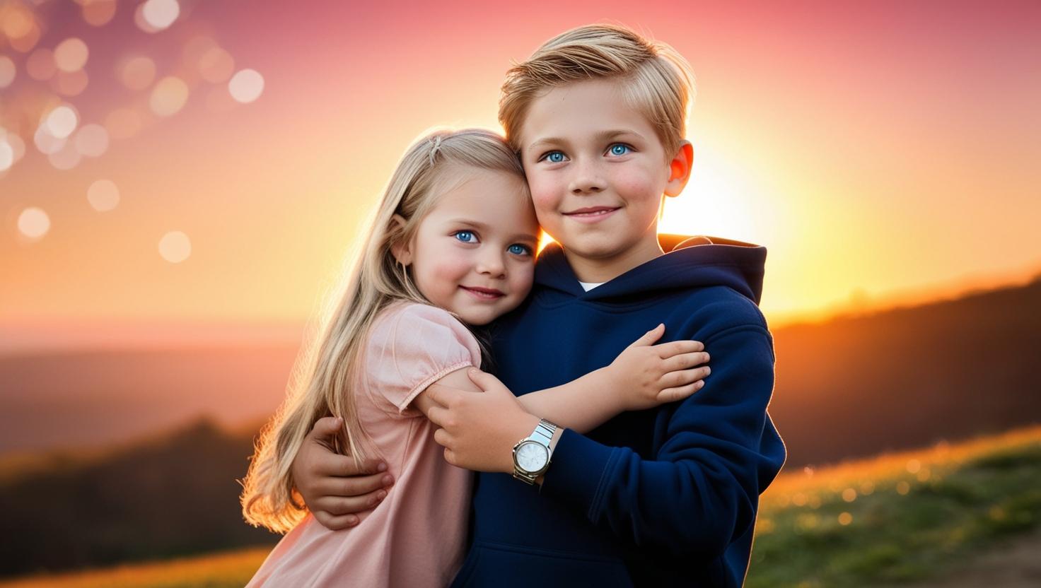 בחור עם שיער בלונדיני עיניים תכלת וקפוצון  עם שעון ביד  הגבעה על רקע הזריחה  והוא מחבק את אחות...jpg