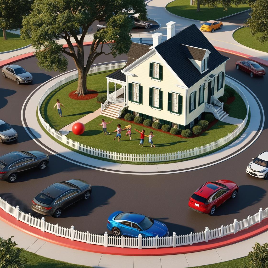 בית בתוך כיכר של כביש, מסביב לכיכר יסעו מכוניות, בתוך הכיכר יהיה בית עם גדר_20250302_223914_0000.jpg