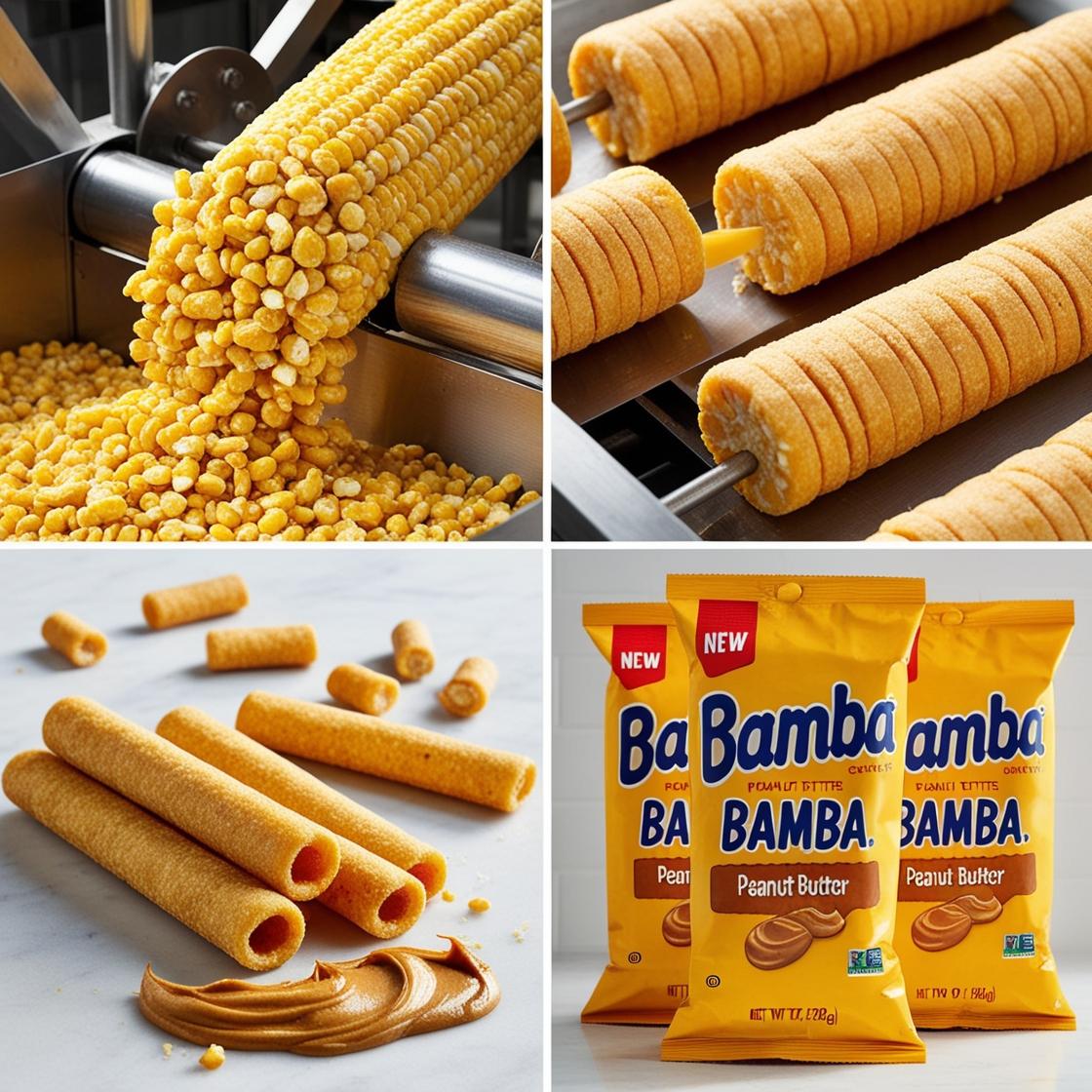 במבה, מן ממתק בצבע צהוב פריך אפוי  בצורת גליל עשוי מחמאת בוטנים ותירס בתהליך ייצור במבה נדחסות...jpg