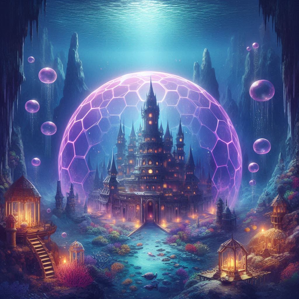 במעמקי האוקיינוס מבצר שנמצא בתוך בועה בצורת משושה בצבע סגול שנמצא .jpeg