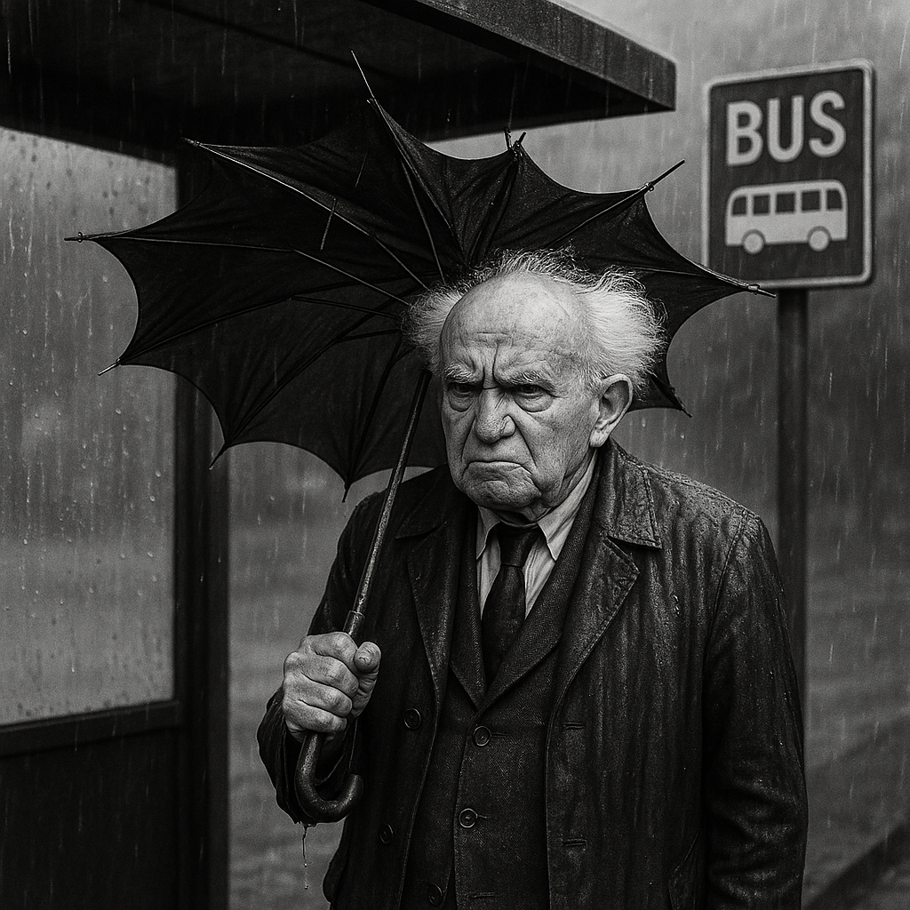 בן גוריון מחכה לאוטובוס שמאחר - וביינתים נרטב כולו - הוא מתוסכל.png