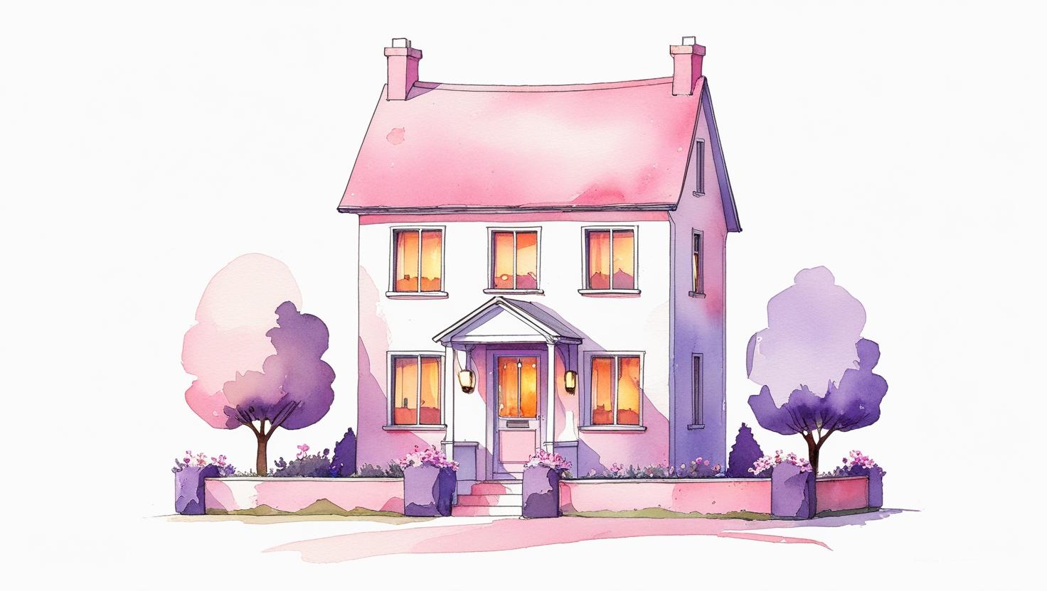 בסגנון איור בצבעי מים, על רקע לבן, בית בצבעי פסטל של ורוד, סגול (6).jpg