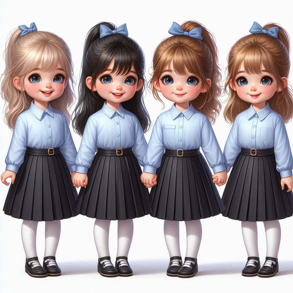 בסגנון ריאליסטי חמוד צור לי תמונה של ארבע ילדות בנות ארבע עם חולצה מכופתרת תכלת, עם חצאית כפל...jpeg
