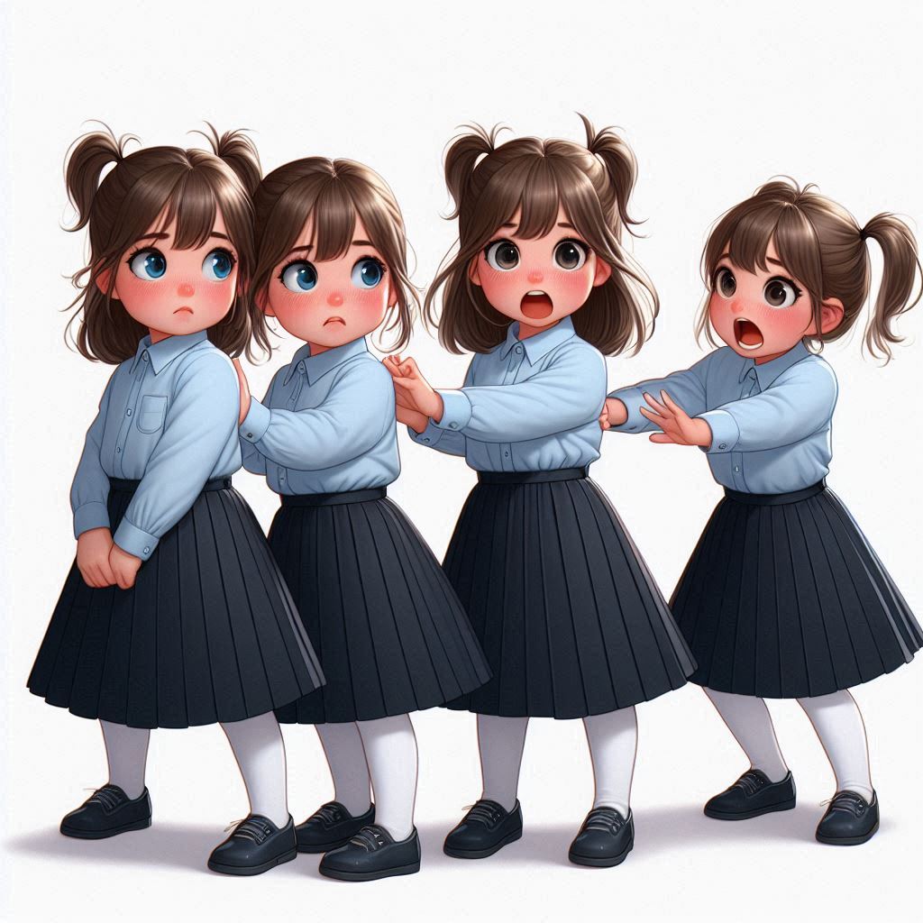 בסגנון ריאליסטי חמוד צור לי תמונה של ארבע ילדות בנות ארבע עם חולצה מכופתרת תכלת, עם חצאית כפל...jpeg