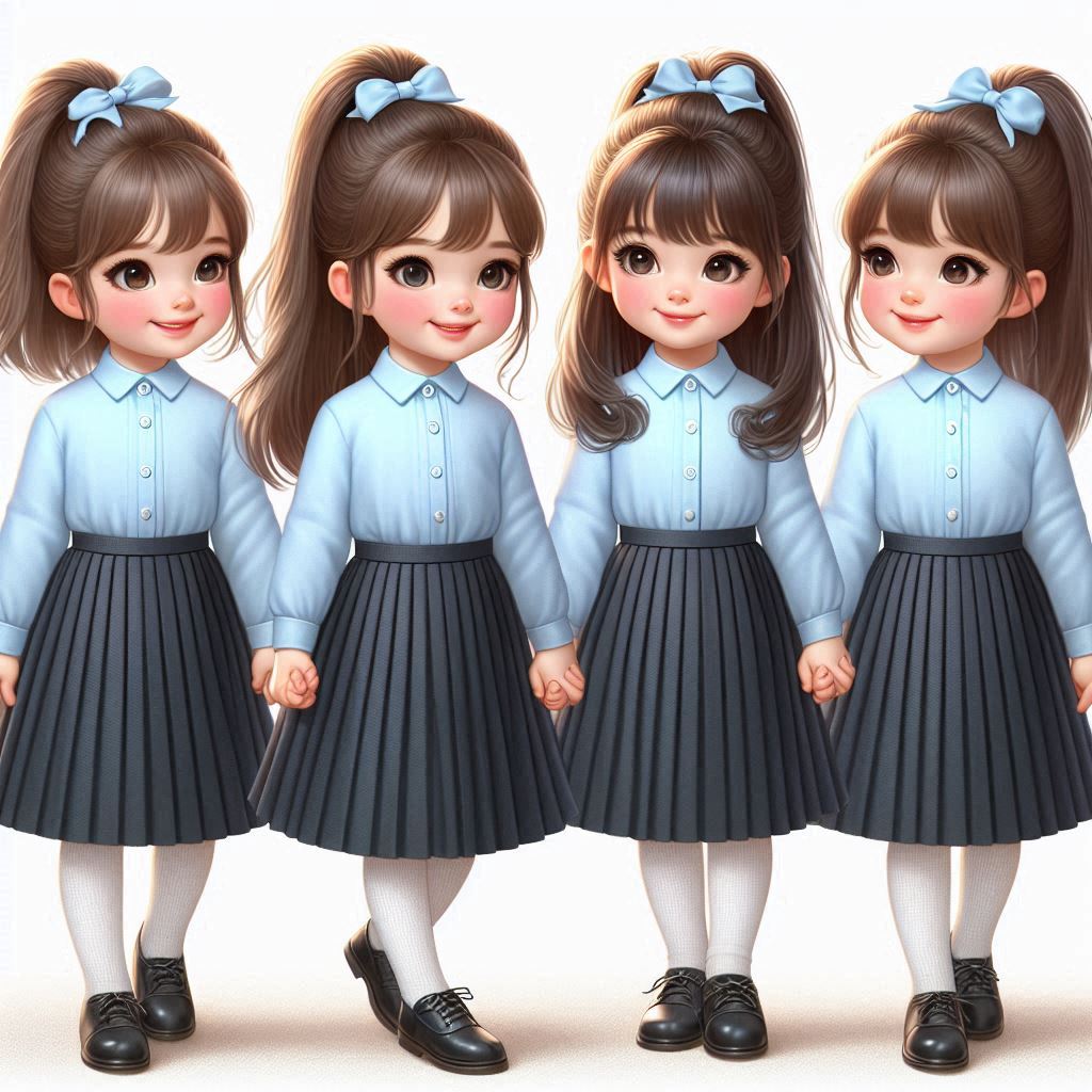 בסגנון ריאליסטי חמוד צור לי תמונה של ארבע ילדות בנות ארבע עם חולצה מכופתרת תכלת, עם חצאית כפל...jpeg