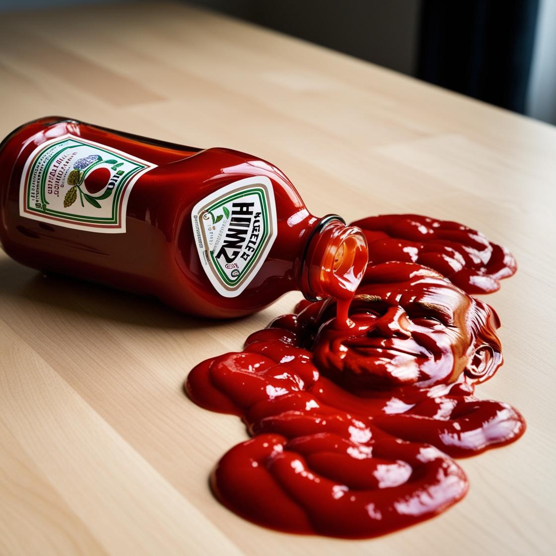 בקבוק קטשופ הנשפך על השולחן, ונוצר מהקטשופ שעל השולחן דיוקן של נשיא ארצות הברית.jpg