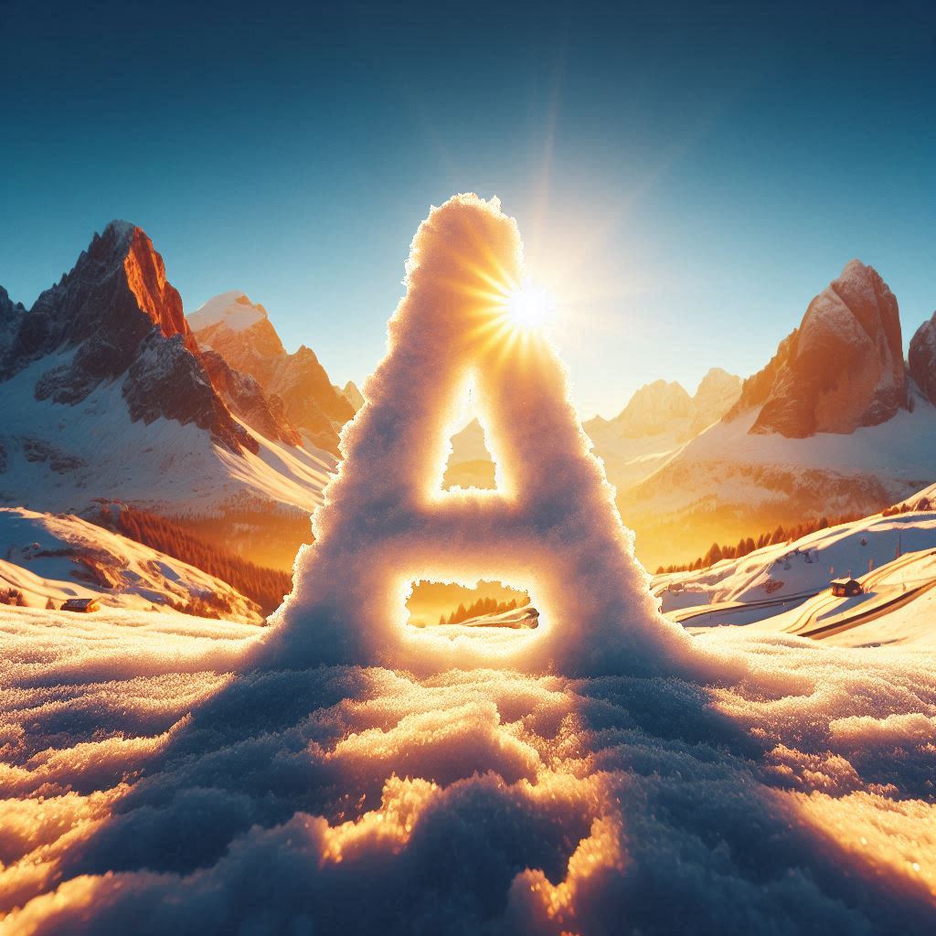 ברקע שמש והרי האלפים מושלגים, ובתווך האות A עשויה משלג, וסביבה קסם וצבעים מרהיבים.jpeg