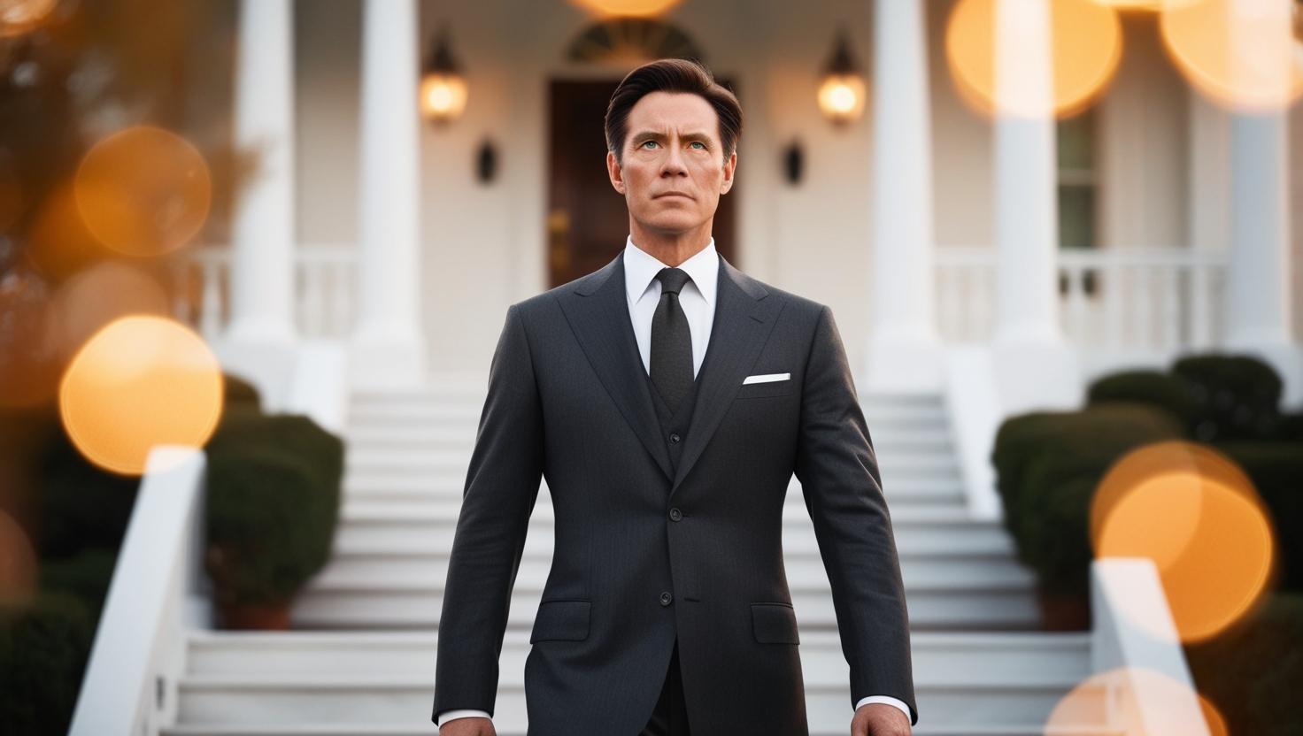 גבר גבוה עם חליפה עיניים ירוקות ושער חום קופץ ממדרגות  הבית הלבן לקומה למטה תוך כדי קרב.jpg