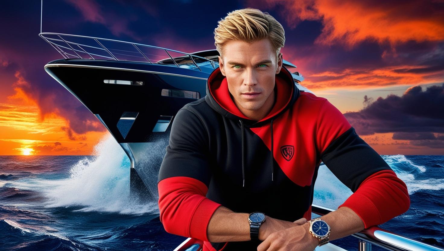 גבר חתיך בלונדיני עיניים ירוקות עם קפוצון אדום שחור בתוך יאכטה 2 מפלסים  והמים סוערים על רקע ש...jpg