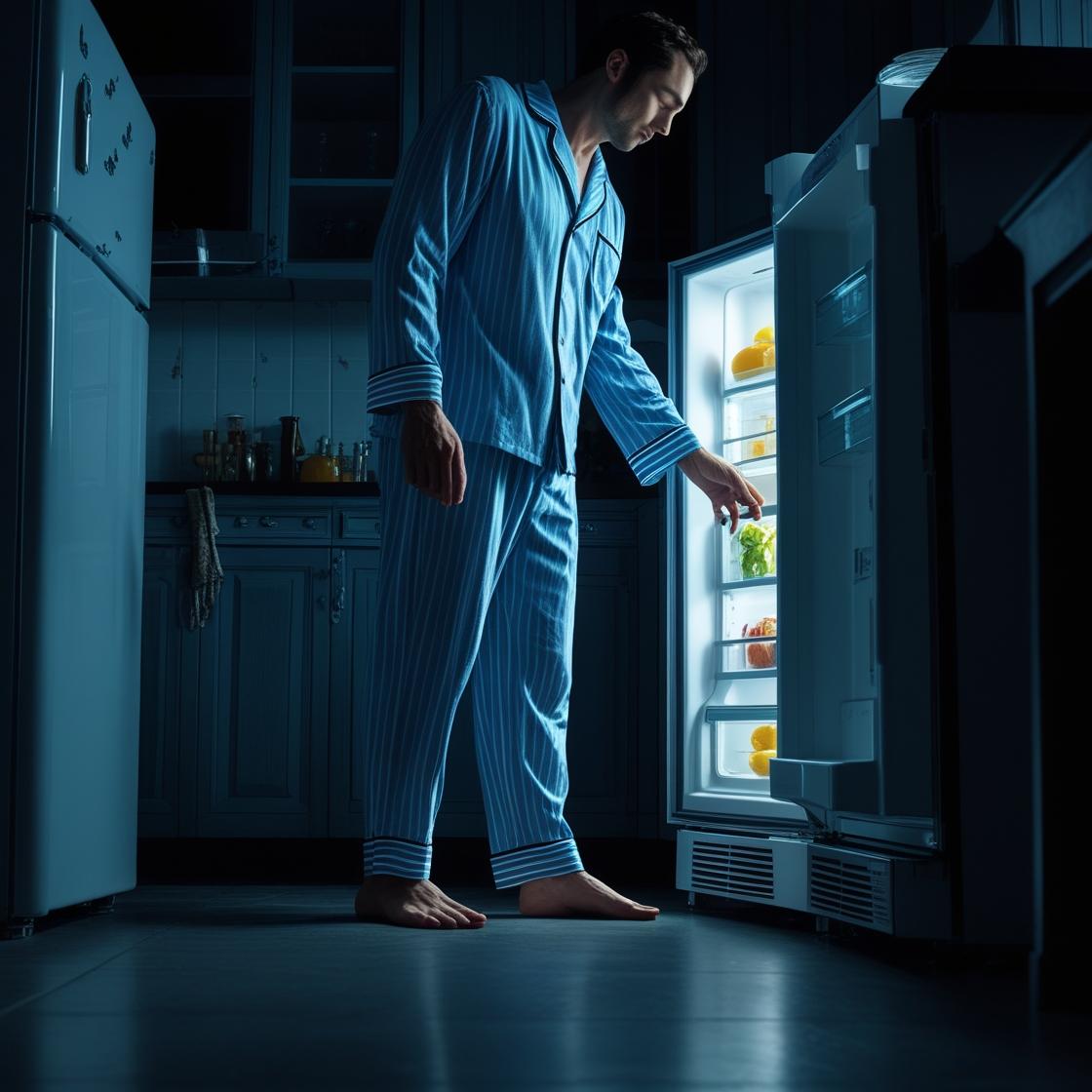 גבר ישנוני לבוש פיג'מה ויחף עומד באמצע הלילה במטבח חשוך, ופותח את המקרר המואר..jpg
