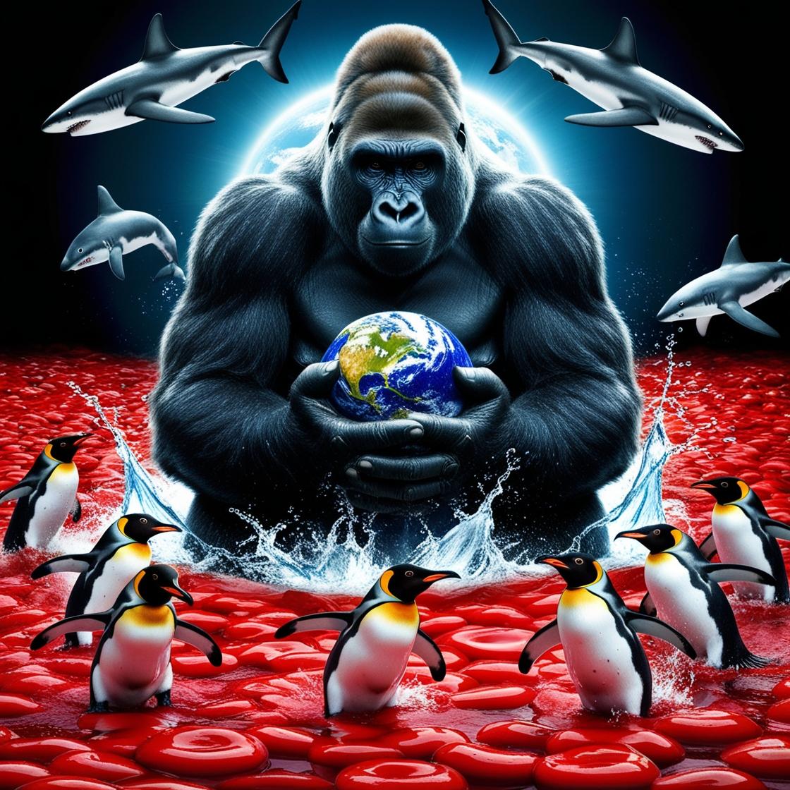 גורילה מחזיקה כדור הארץ בידים על פינגווינים צבעוניים כשברקע קטשופ מתיז עיגולים עיגולים בלב ים ...jpg