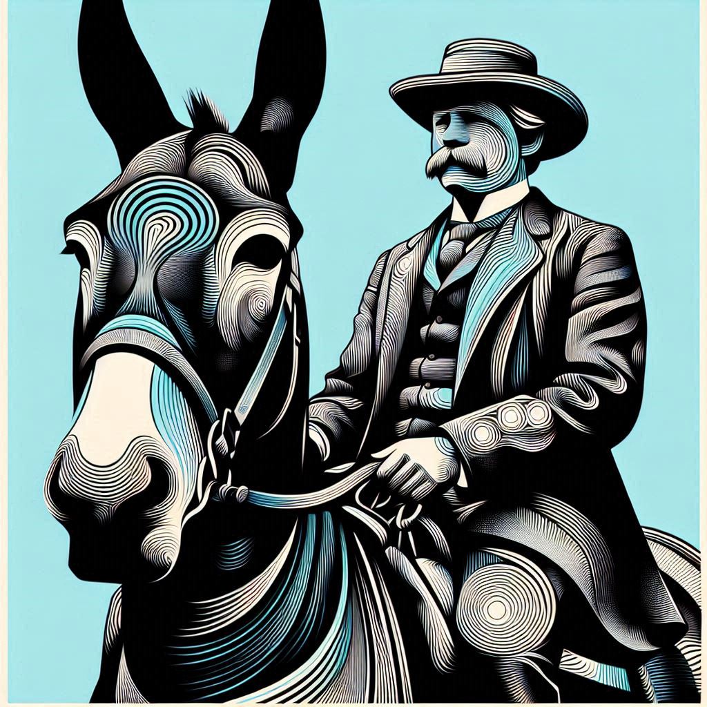 דיוקן של גבר על חמור, פוסטר של שנות ה- 70 של המאה הקודמת סגנון פסיכודלי, שעשוי כולו רק מקווים...jpeg