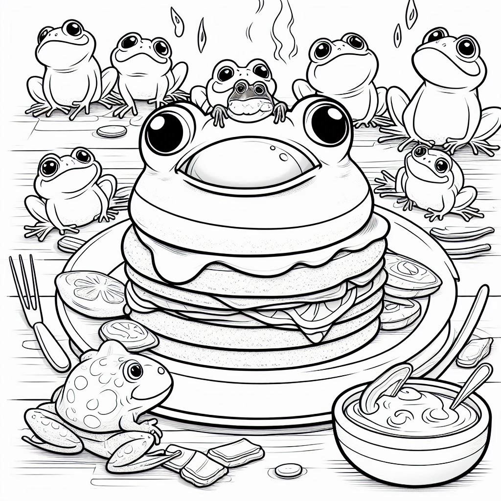 דף צביעה של מיצרי אוכל ארוחת בוקר וצפרדעה תקועה לו בפה ומסביבו מלא צפרדעים .jpeg