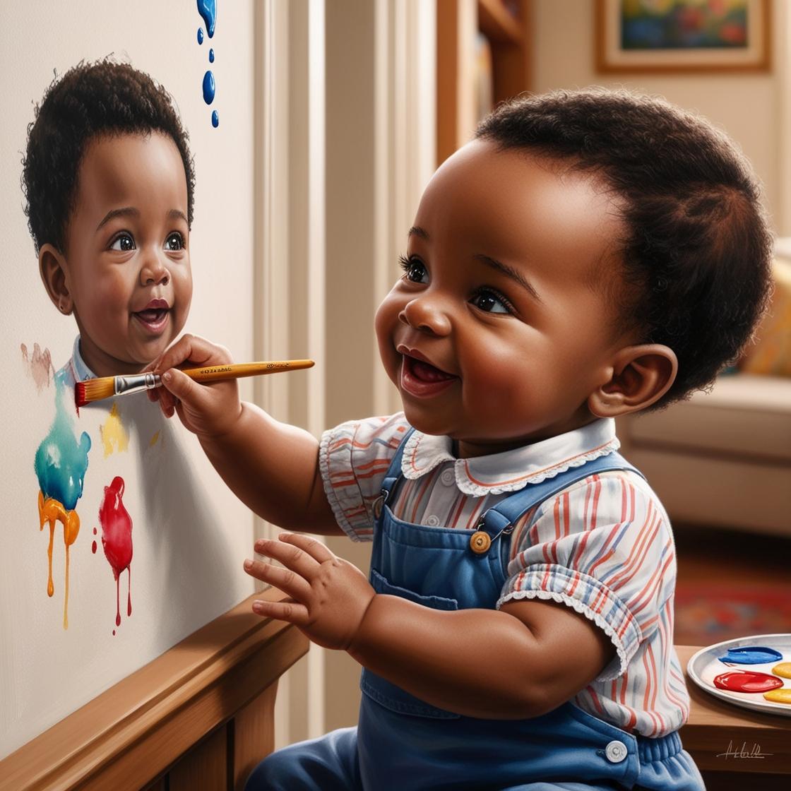 האם תוכל ליצור לי תמונה ריאלסטית רואים תינוק קטן מצייר עם מכחול על הקיר של הבית והוא מצייר על ...jpg