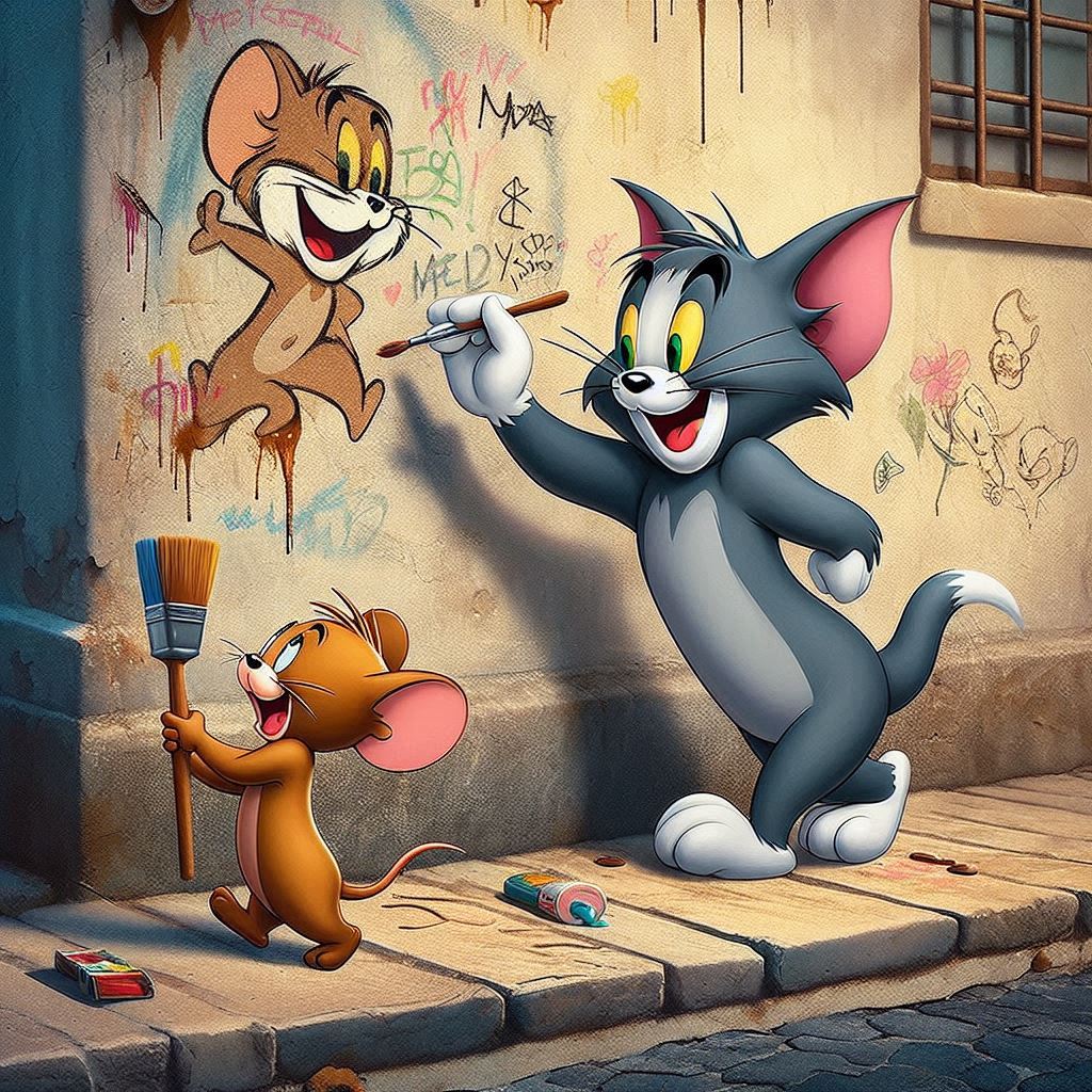 החתול טום בציור גרפיטי על הקיר והעכבר ג'רי באמיתי הולך במדרכה ומחזיק לו את היד.jpeg