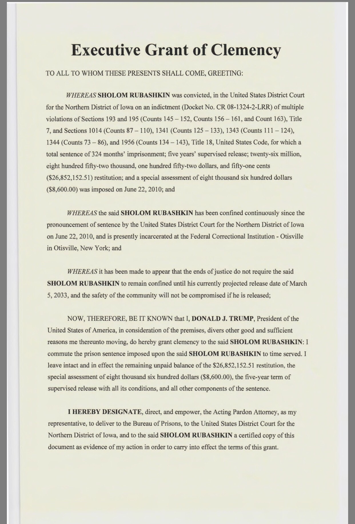 החתימה של טראמפ על המסמך שחרור.JPG