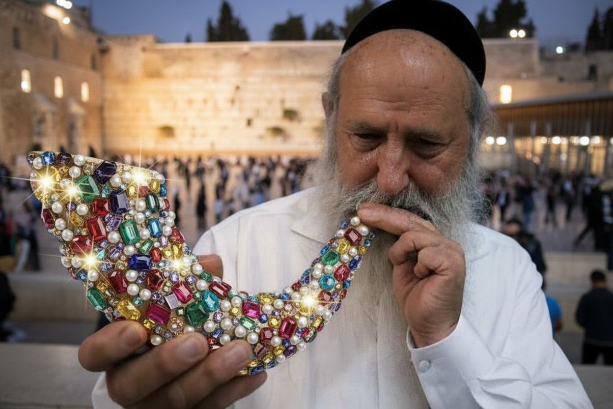 הרב יהודה מוצפי תוקע בשופר נוצץ בכותל המערבי.jpeg