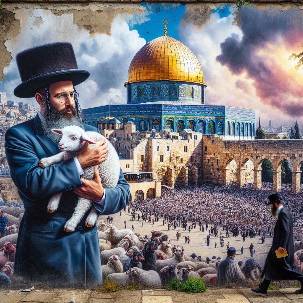 הר המקדש היהודי בציור בגרפיטי על הקיר ואיש חרדי אמיתי עם כבש בידו מסתכל (1).jpeg