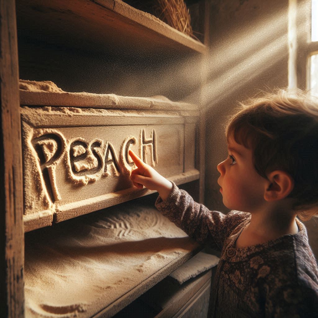 התמונה מציגה מדף עץ ישן ומאובק, עם שכבה עבה של אבק שמכסה את פני השטח שלו. ליד המדף עומד ילד ק...jpeg