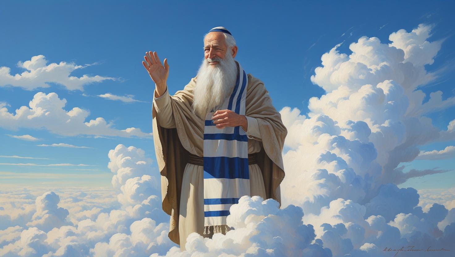 זקן יהודי נמצא בשמיים ומנפנף לשלום עם יד אחת -הזקן עטוף בטלית וזקן לבן לו_הוא נמצא ובסיסו ענני...jpg