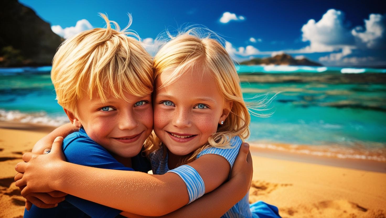 חברים ילד וילדה בלונדינים עיניים תכלת מחובקים רקע הים (1).jpg
