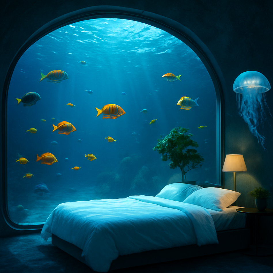 חדר במלון עם חלון לאקווריום, ומנורת לילה בצורת מדוזה.png