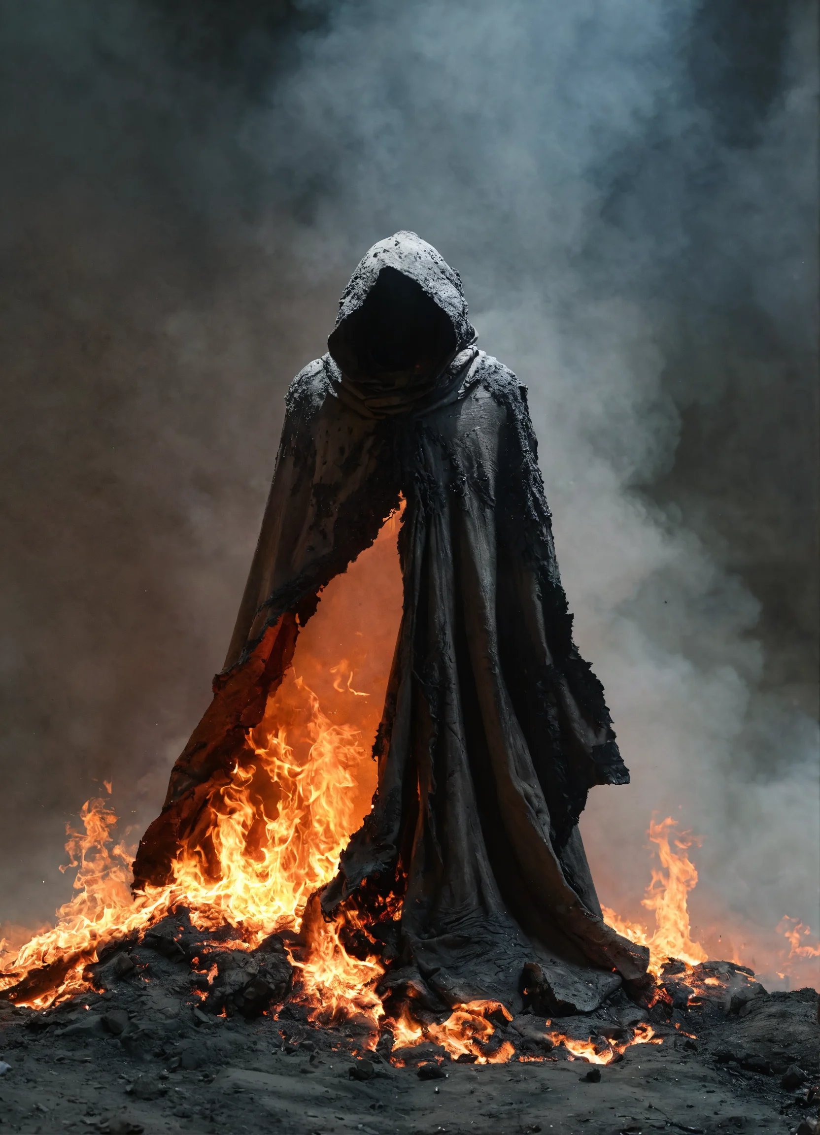 חליפה עשויה מאפר על רקע אש בוערת.jpg