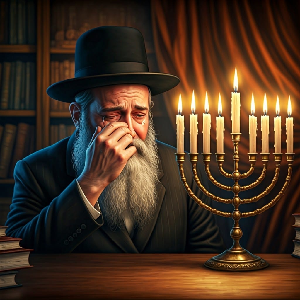 יהודי בוכה מול נרות החנוכה.jpg