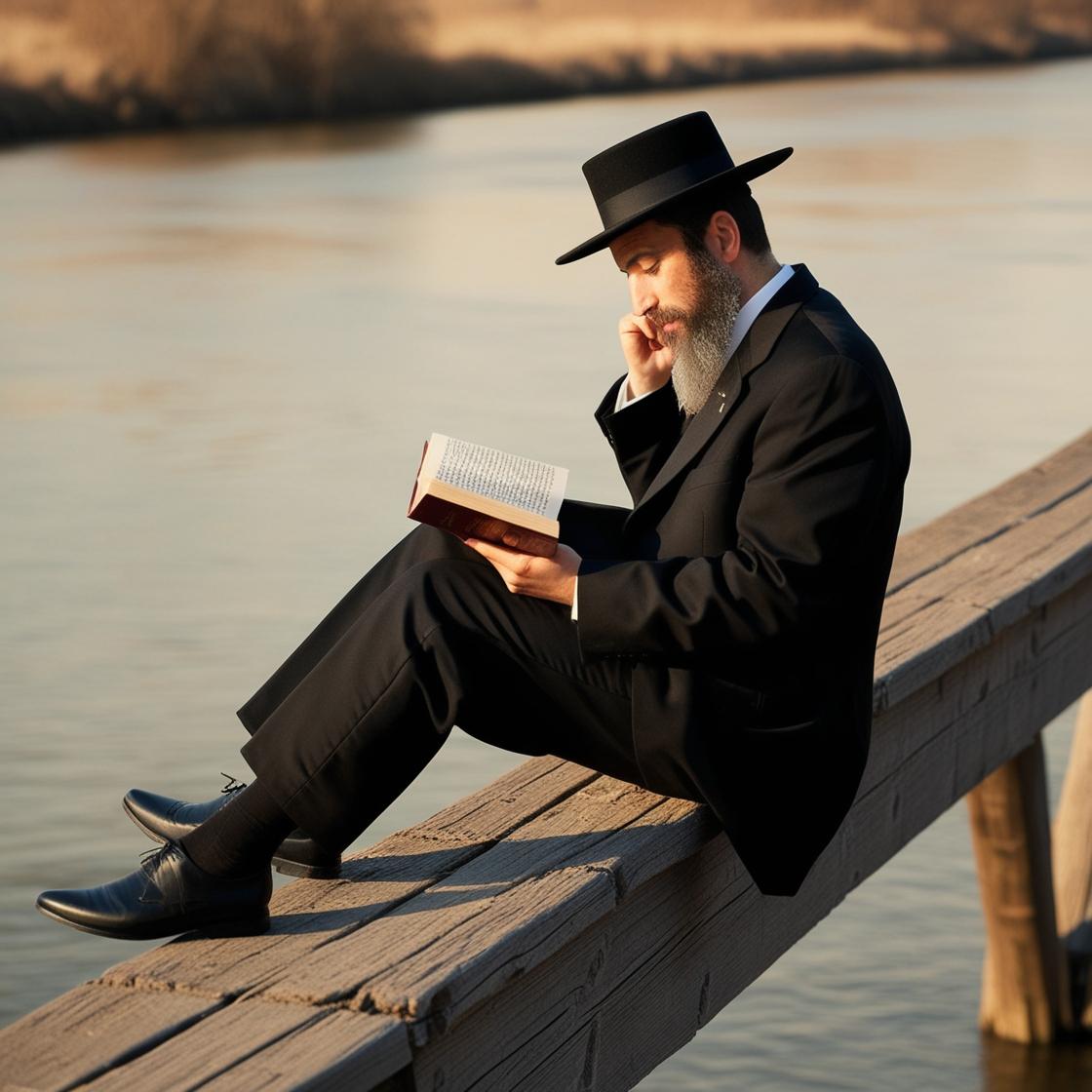 יהודי חרדי עם כובע וחליפה יושב על גשר צר ללא גדירות ולומד.jpg