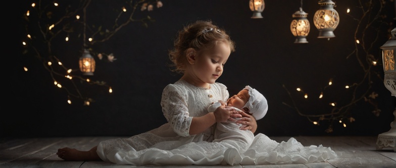 ילדה בת 3 עם שמלה לבנה  מחזיקה תינוק שנולד עכשיו.jpg