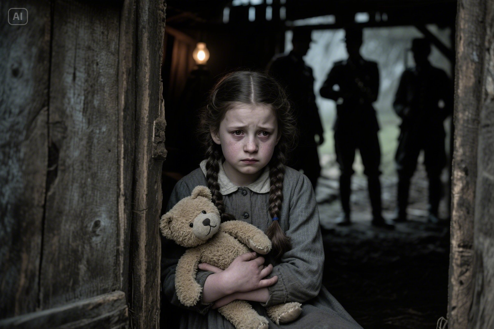 ילדה יהודיה מתחבאת באסם מחבקת את הדובי שלה עם צמות לבוש של 1945 יושבת מחבקת צלליות של חיילים ...jpeg