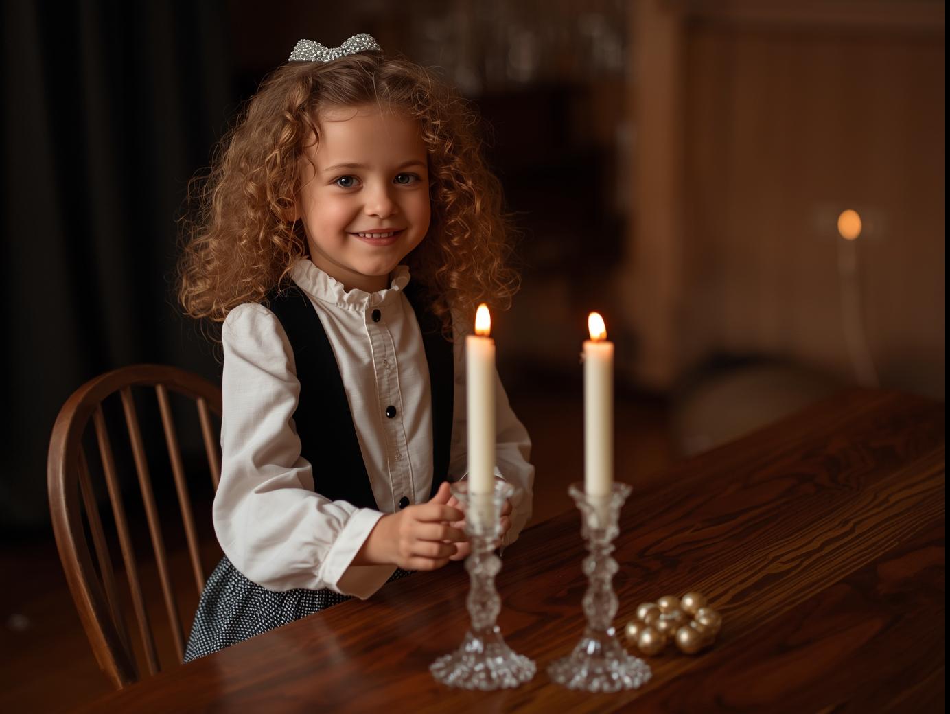 ילדה מתוקה בת 7 שיער אסןף שמלה שחור לבן חגיגי עם שרוולים ארוכים ווצארון מהודק וגרבינוים לבן ונ...jpg