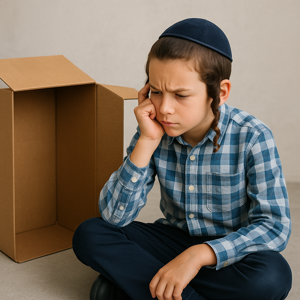 ילד חולם לצד קופסה ריקה.png