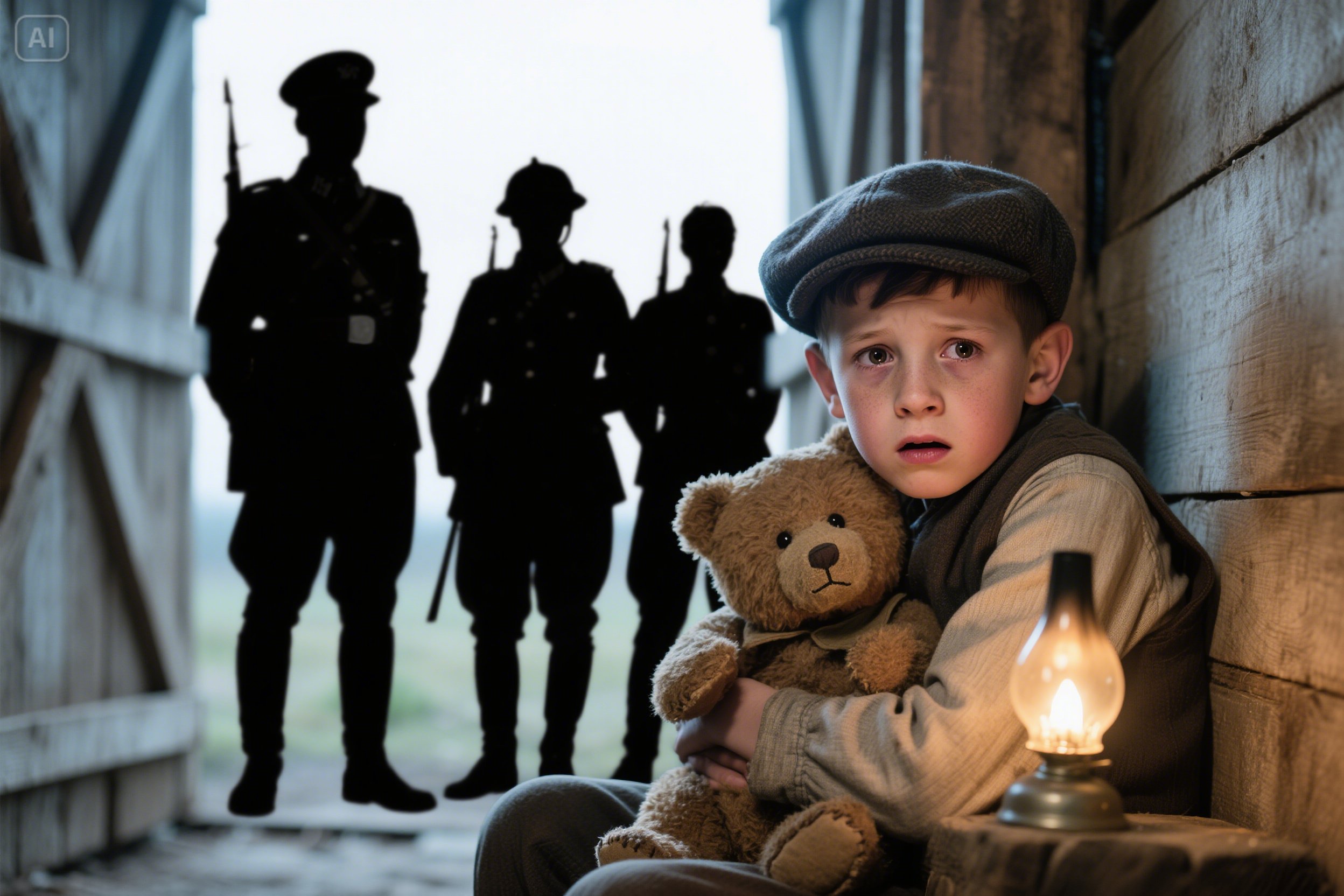 ילד יהודי עם flat cap על הראש מתחבאת באסם מחבקת את הדובי שלו הקטן  לבוש של 1945 יושבת מחבקת צ...jpeg