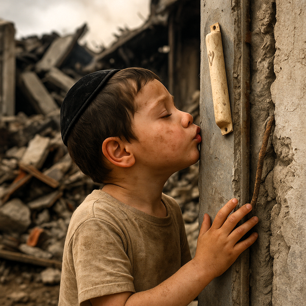 ילד מנשק מזוזה בהרס.png
