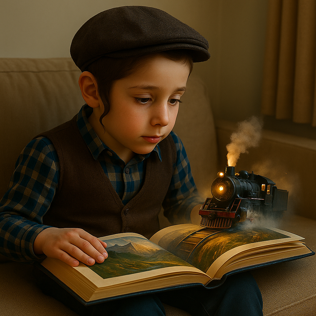 ילד עם ספר וקרון קטר קסום.png