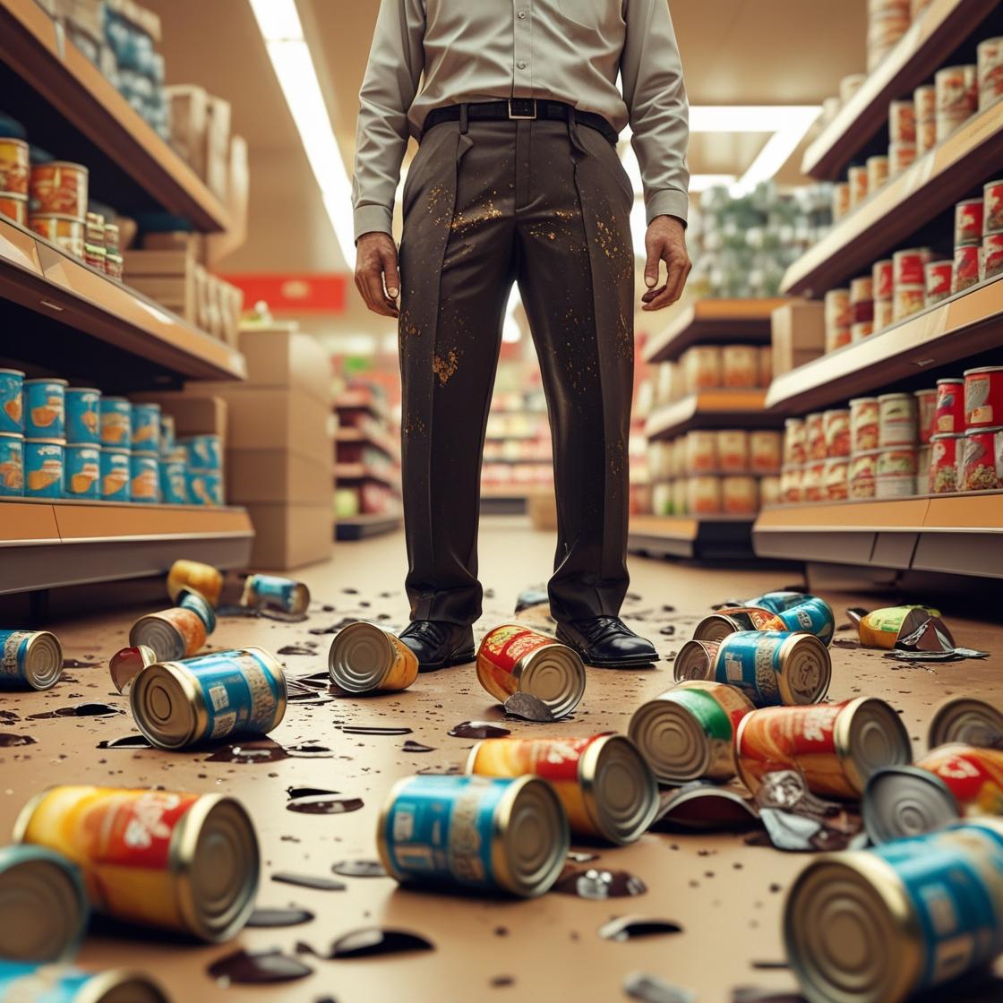 יליד חרדי עומד נבוך ליד ערימת קופסאות שימורים שפוכות על הרצפה ומרוסקות. לד המוכר הנזעם מלוכלך ...jpg