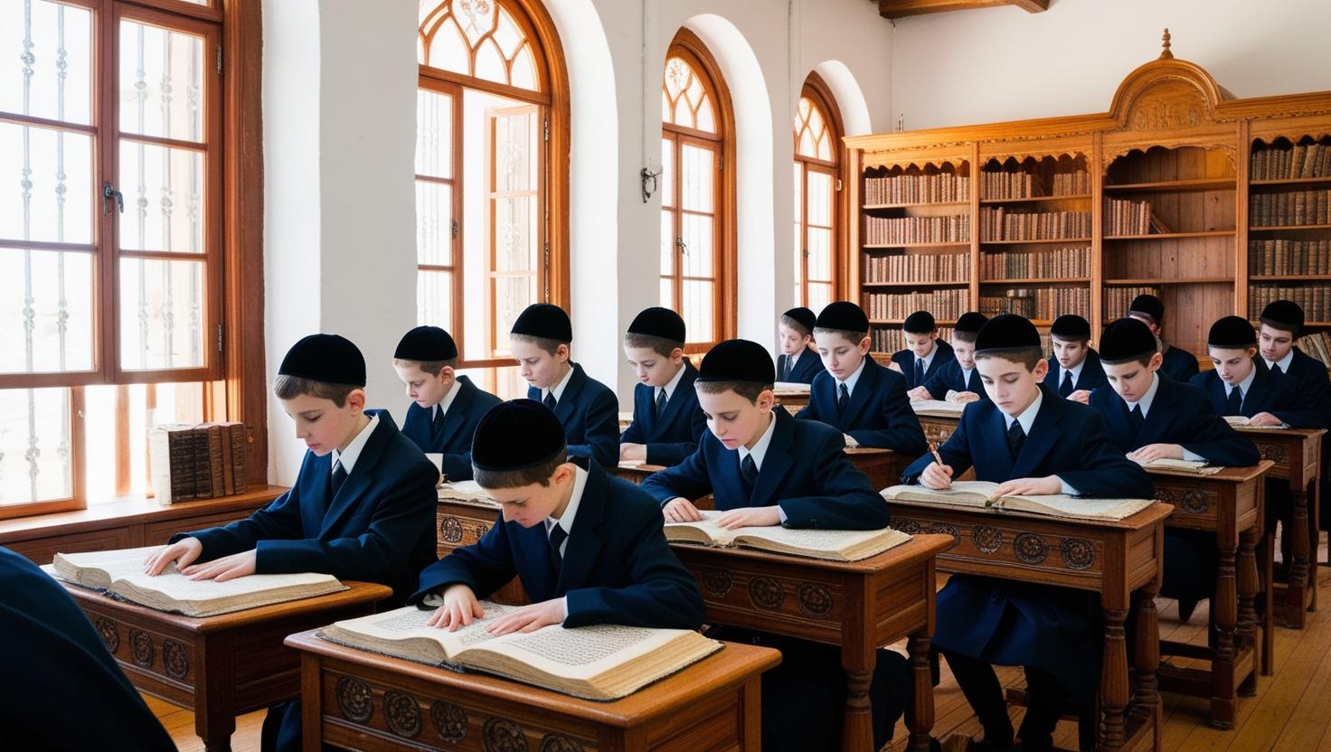 ישיבה חסידית עם בחורים בגיל 18 לומדים עם חליפות בלי כובעים.jpg