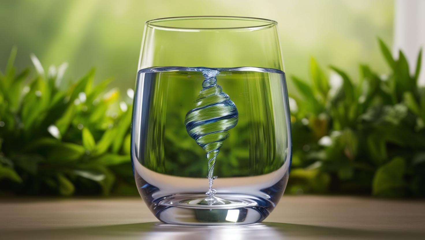 כוס מים על רקע של צמחייה ובתוך המים יש סופת טורנדו, מראה שלו ופסטורלי ונראה כאמיתי.jpg