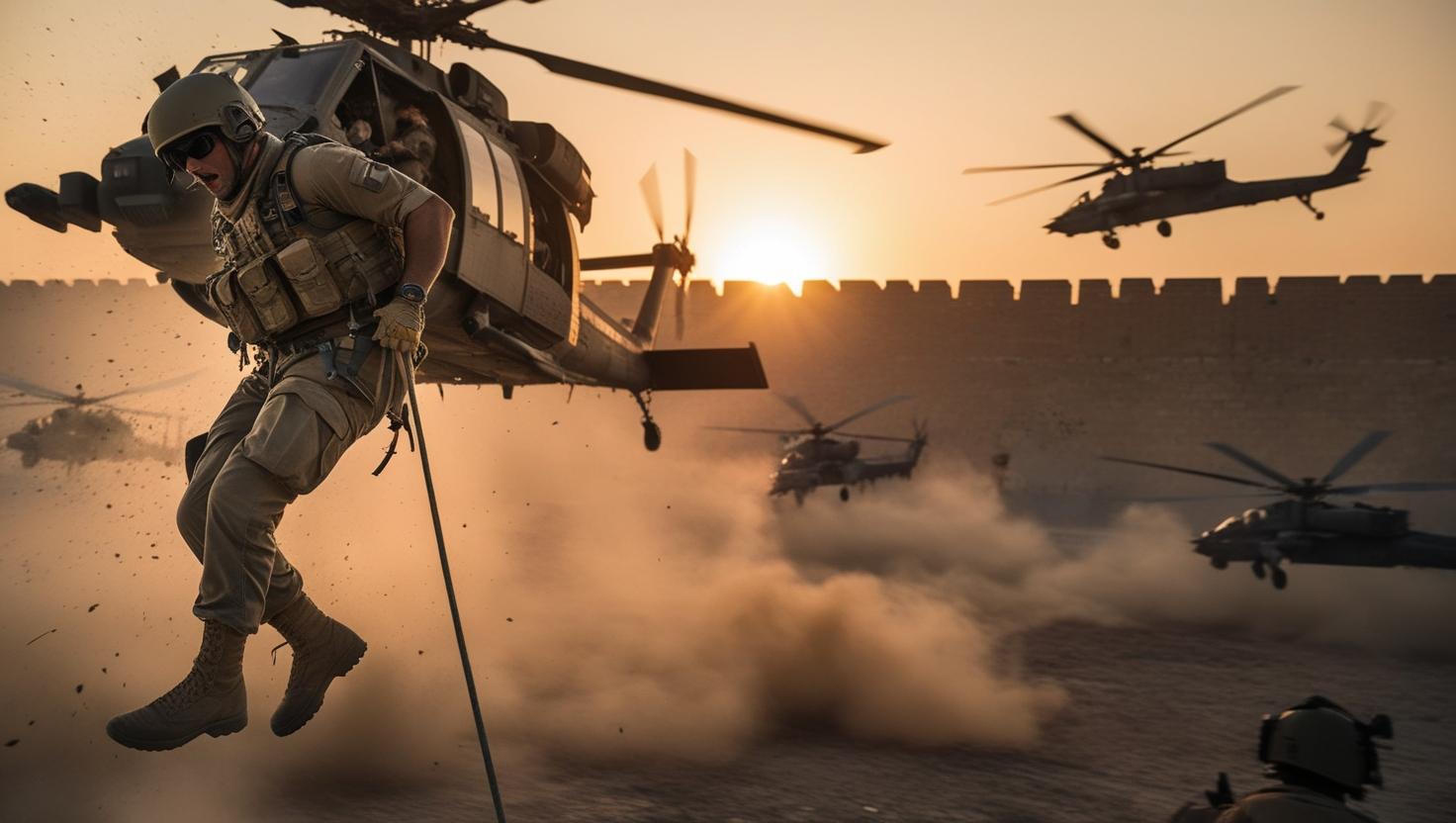 לוחם יורד בחבל ממסוק קרב תוך כדי קרב על רקע הכותל המערבי ולידו מטוסי ומסוקי קרב בשקיעה (1).jpg